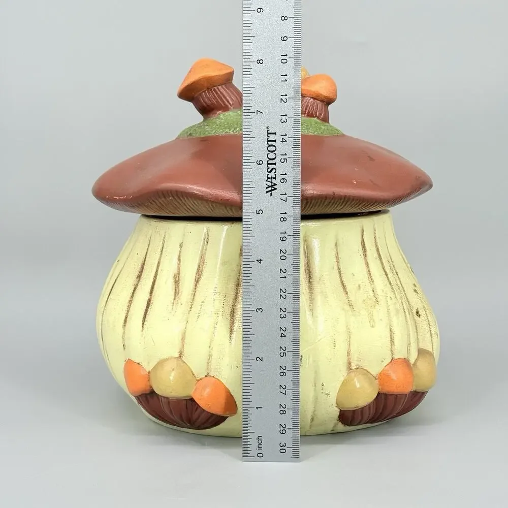 Vintage 1970s Mushroom Ceramic Cookie Jar Canister Yellow Red 8.5
